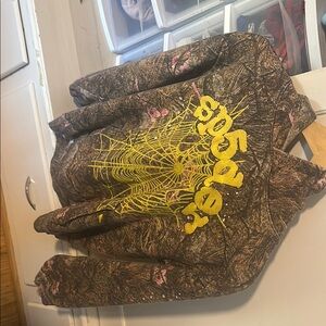Brown Camouflage Hoodie with Yellow Spider Web Design